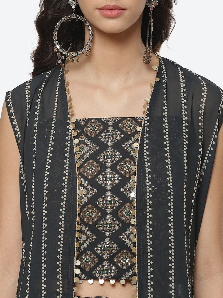 Paisley Printed Crepe Jacket With Lehenga Choli And Net Dupatta