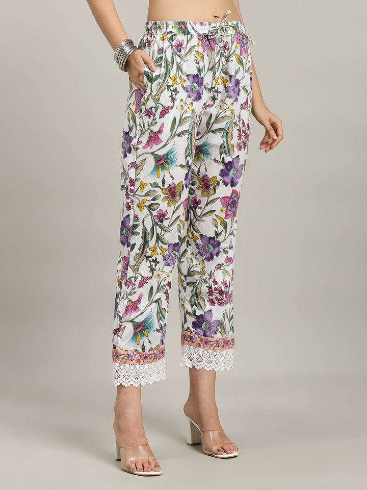 Floral Parinted Cotton Blend Kurta With Pants &amp; Dupatta