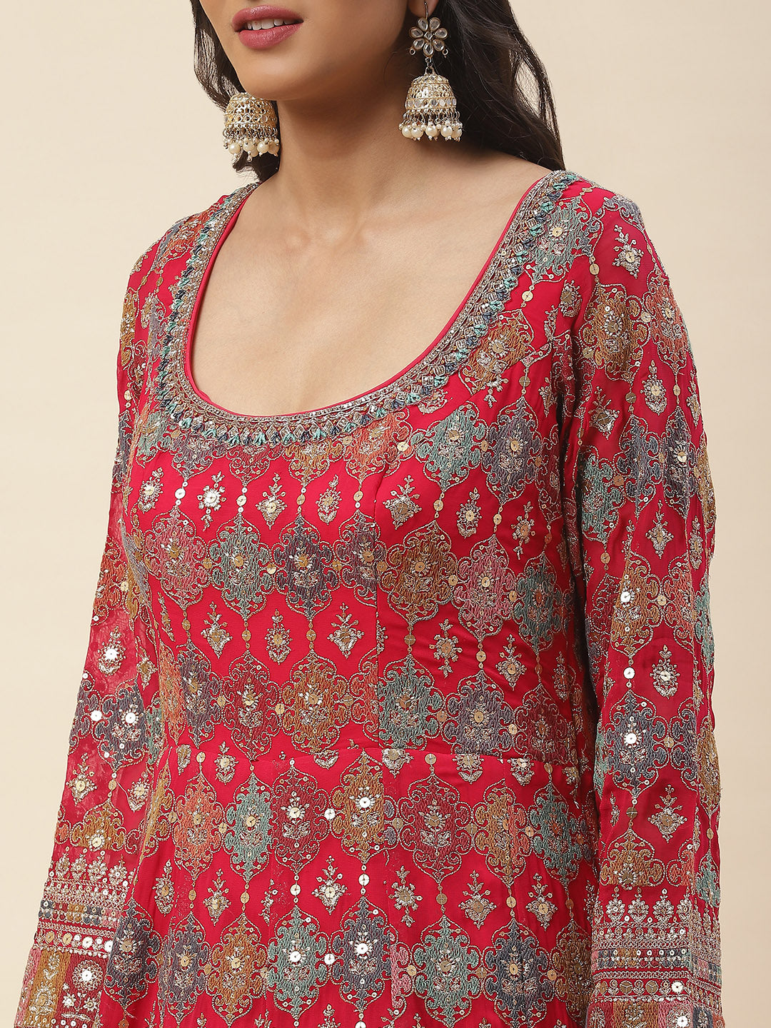 Resham Sequence Embroidered Georgette Anarkali Kurta With Churidar &amp; Dupatta