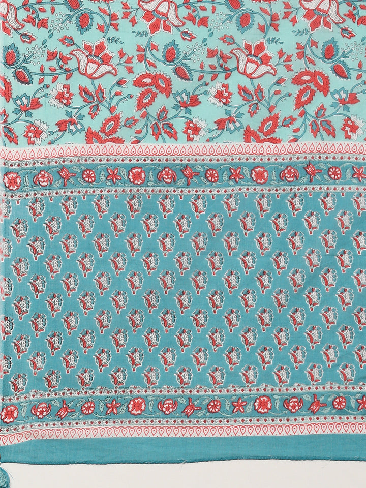 Block Printed Cotton Kurta With Pants &amp; Dupatta