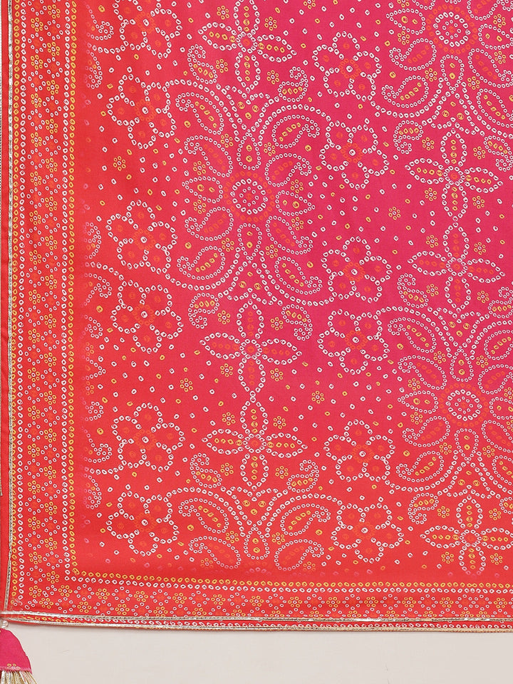 Bandhani Printed Muslin Kurta With Sharara &amp; Dupatta