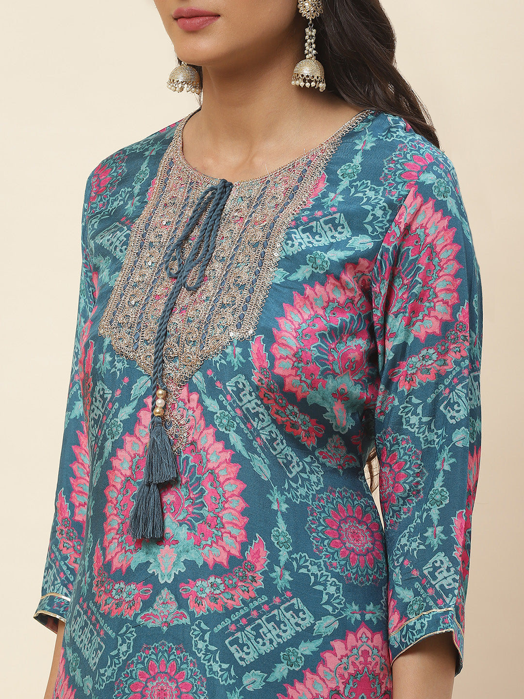 Floral Printed Cotton Kurta With Sharara &amp; Dupatta