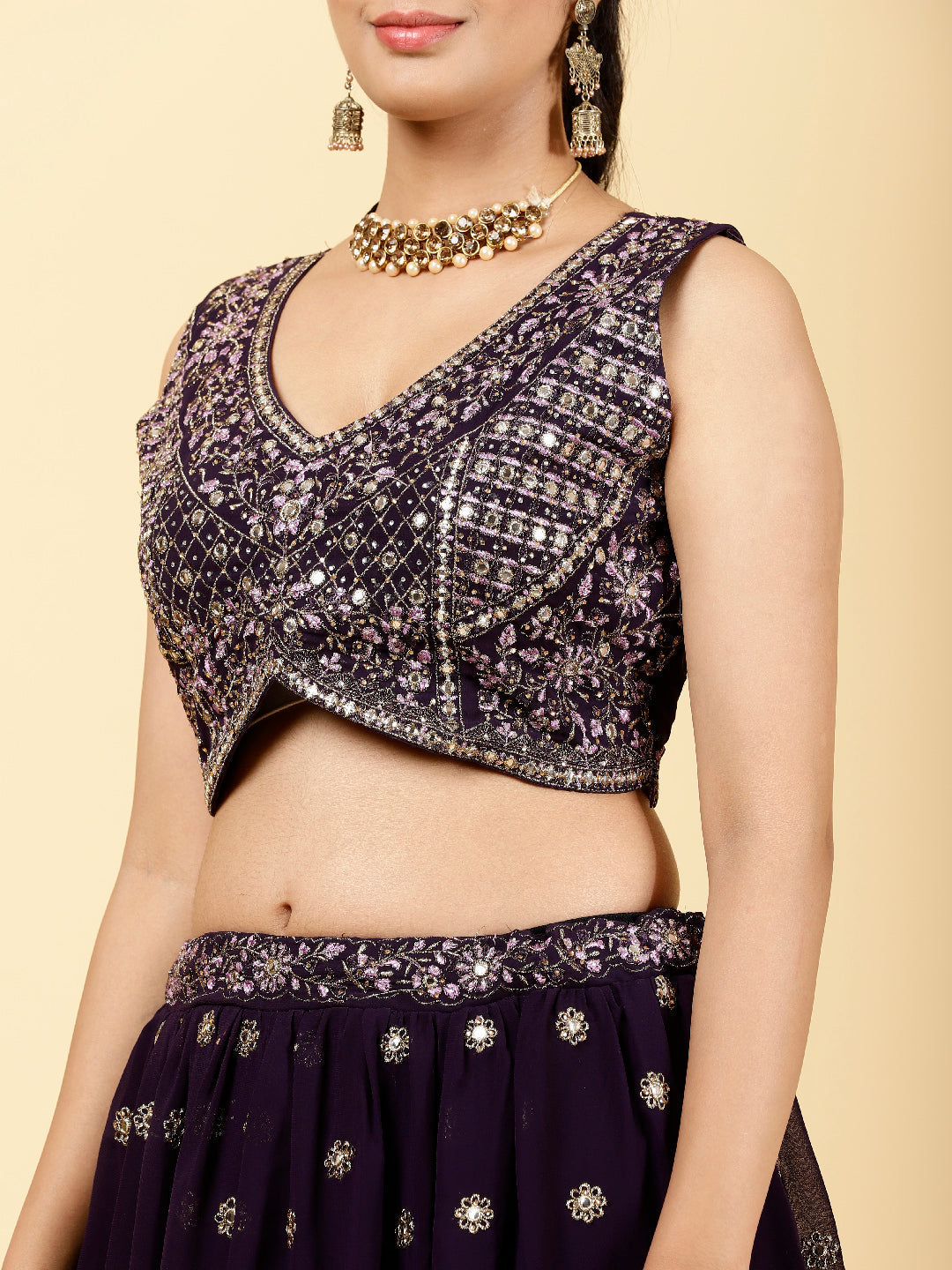 Zari Embroidered Georgette Choli With Lehenga &amp; Dupatta
