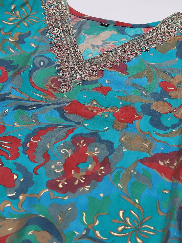 Printed Neck Embroidered Muslin Kurta