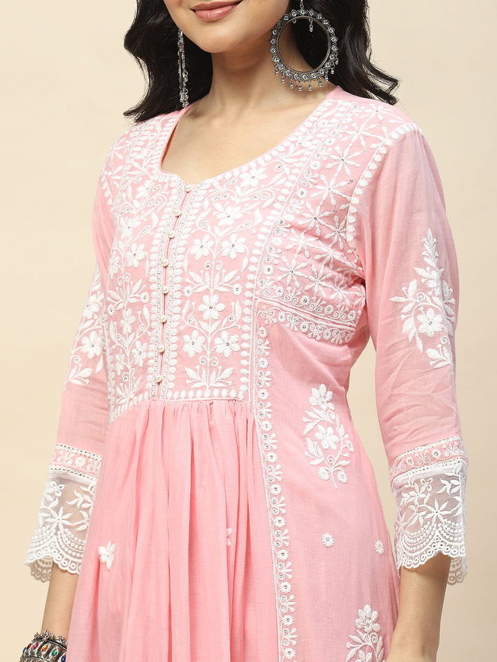 Neck Embroidery Cotton Anarkali With Pants &amp; Dupatta