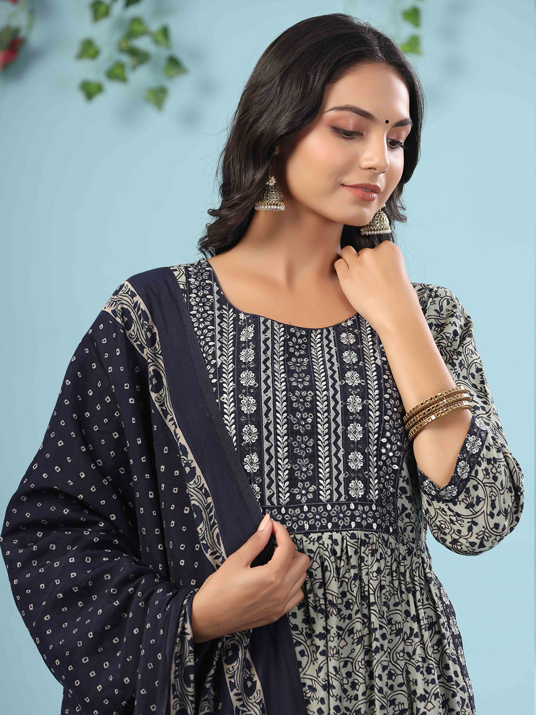 Printed Cotton Kurta With Pants &amp; Dupatta