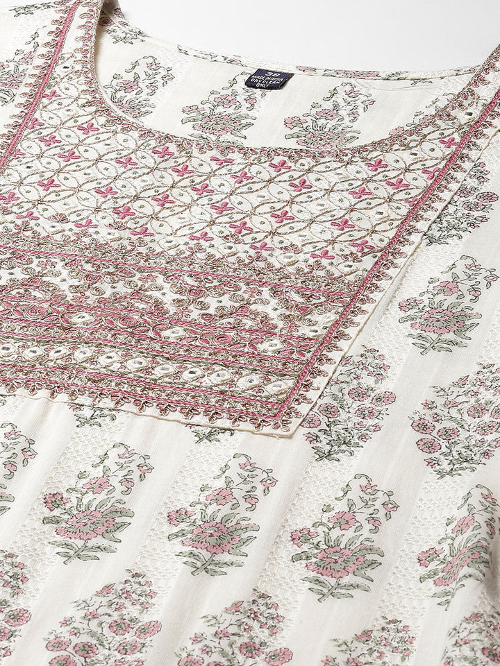 Floral Printed Cotton Kurta With Pants &amp; Dupatta