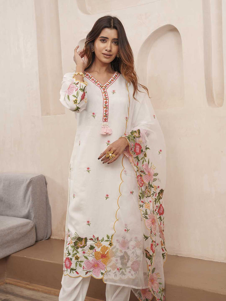 Embroidered Cotton Blend Kurta With Pants &amp; Dupatta