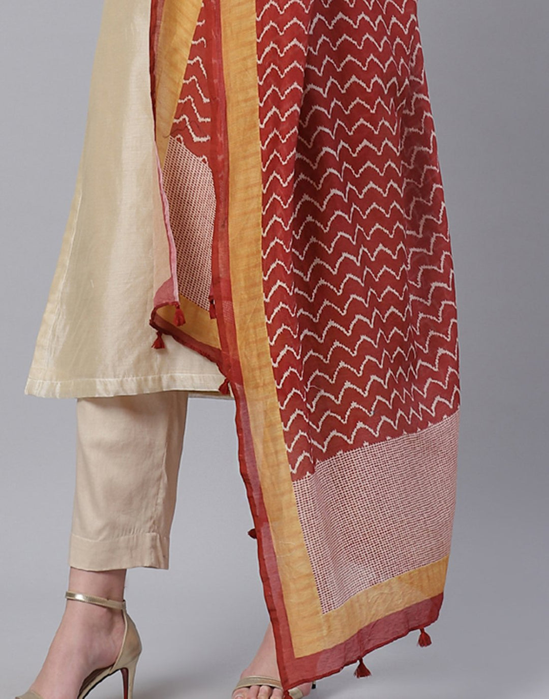 Beige and Grey Cotton Chanderi Salwar Kameez Stitched Suit