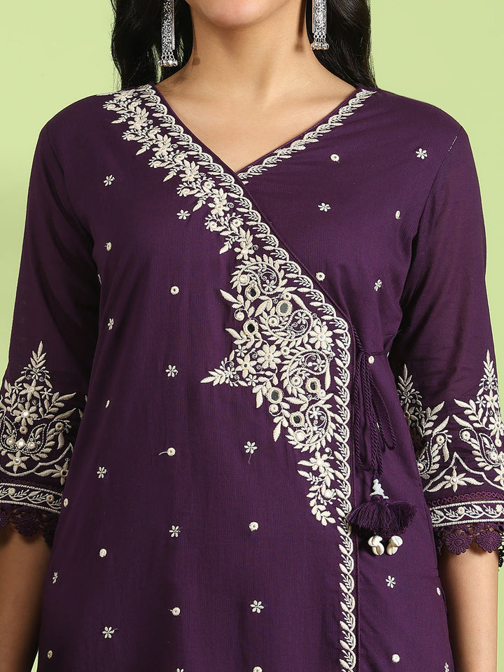 Embroidered Cotton Kurta With Pant &amp; Dupatta