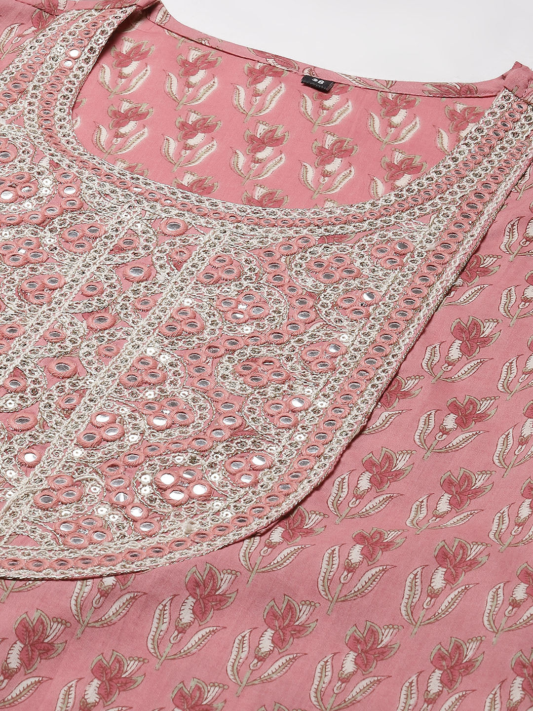 Printed  &amp; Neck Embroidered Cotton Kurta With Pants