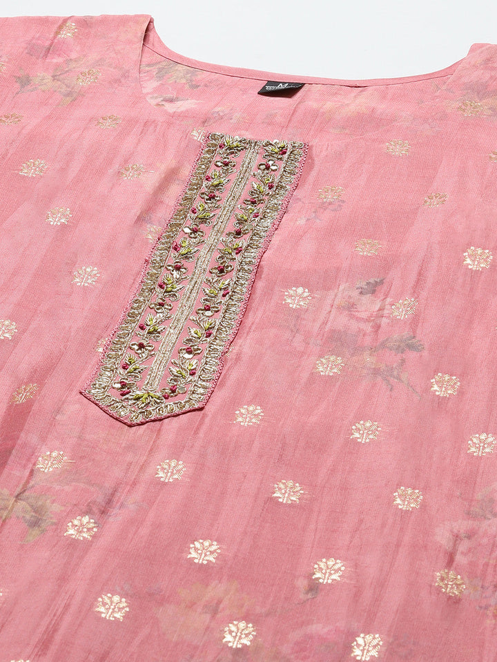 Floral Printed Organza Kurta With Pants &amp; Dupatta