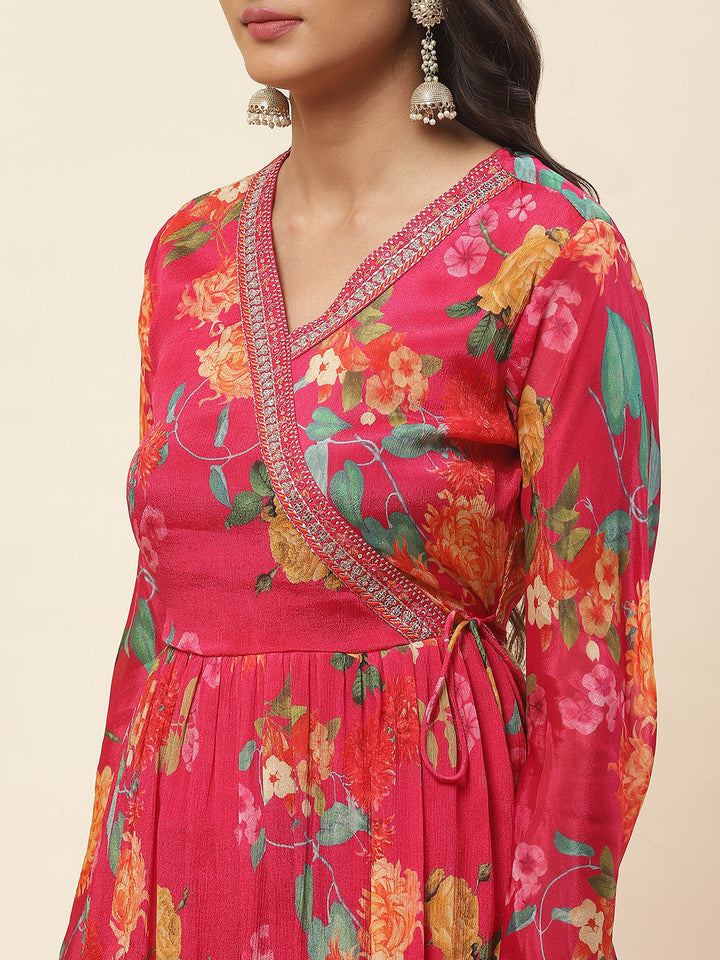 Floral Printed Chiffon Kurta With Pants &amp; Dupatta
