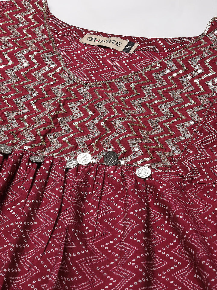 Printed &amp; Neck Embroidered Muslin Kurta With Pants