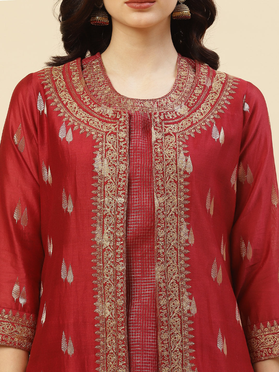 Embroidered Chanderi Kurti With Jacket And Pant