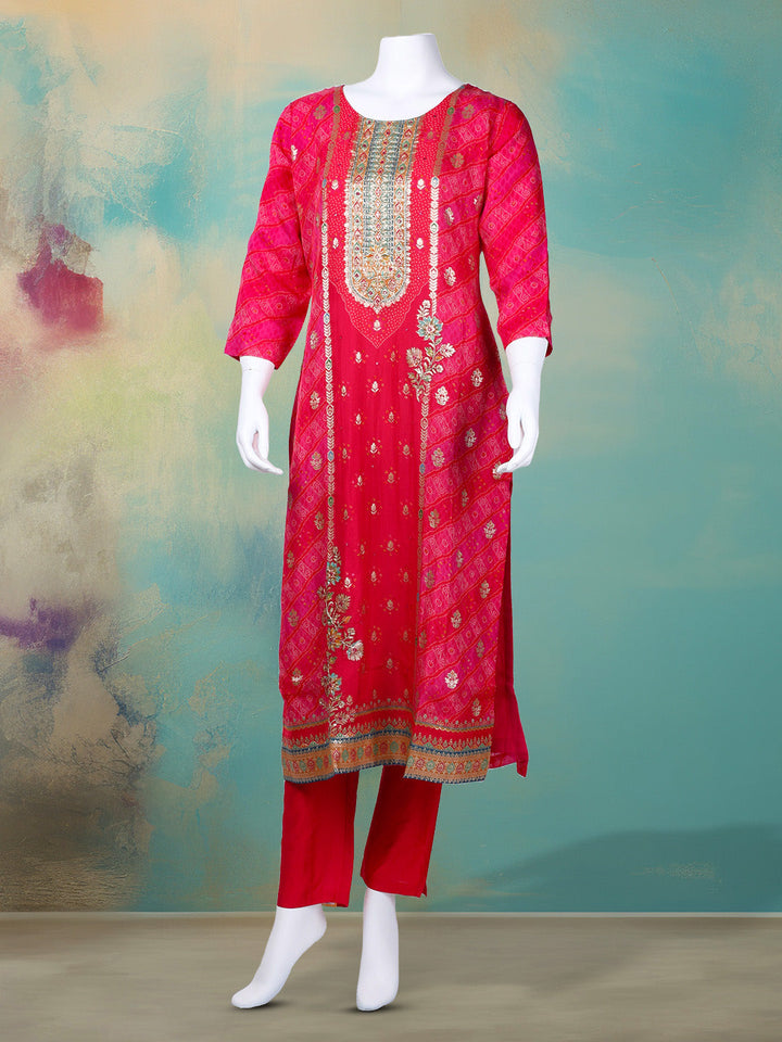 Bandhani Printed Organza Kurta With Pants &amp; Dupatta