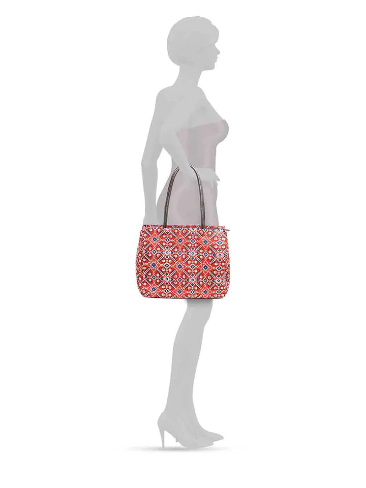 Maroon &amp; Navy Blue Printed Cotton Handbag With Pouch