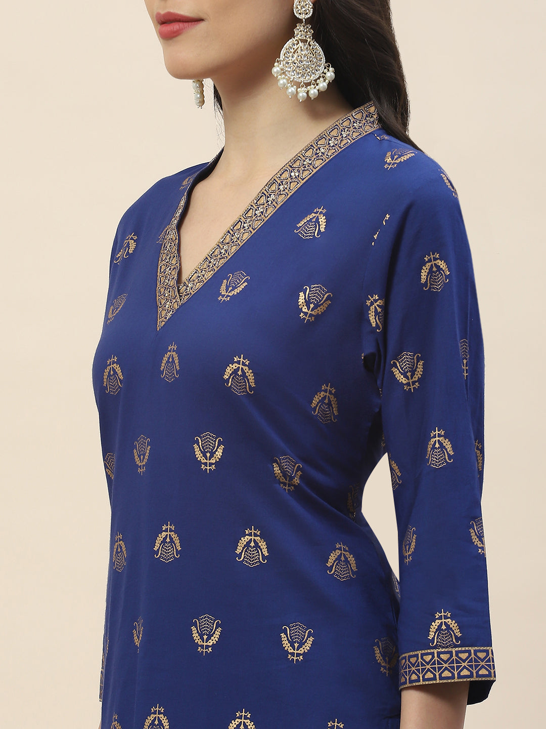 Printed Neck Patti Cotton Kurta With Skirt