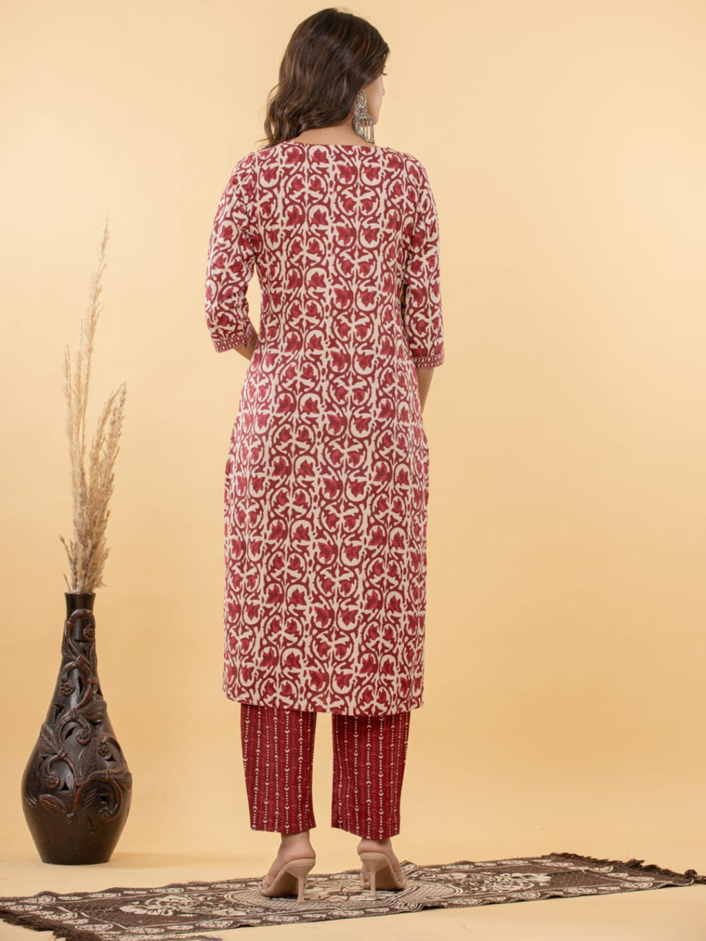 Red Embroidered Cotton Blend Straight Suit Set With Dupatta