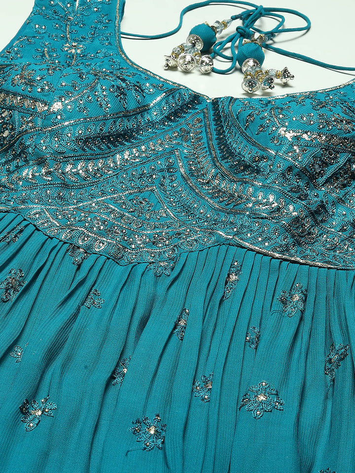 Resham Booti Embroidered Georgette Kurta With Palazzo &amp; Dupatta