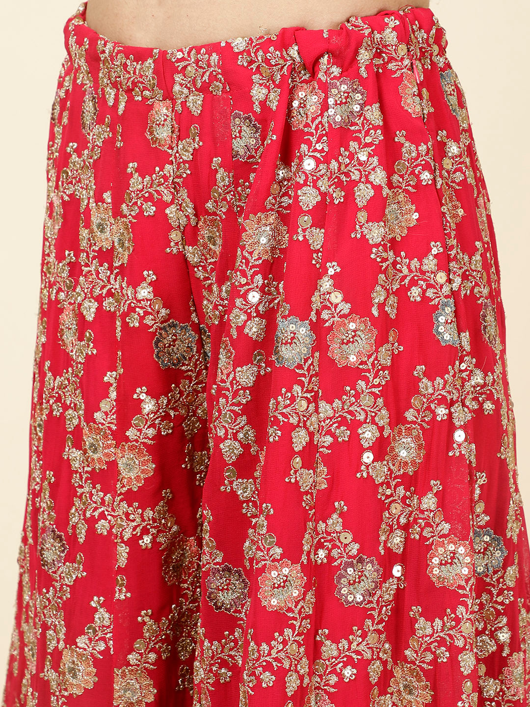 Zari Embroidered Georgette Crop Top With Palazzo &amp; Dupatta