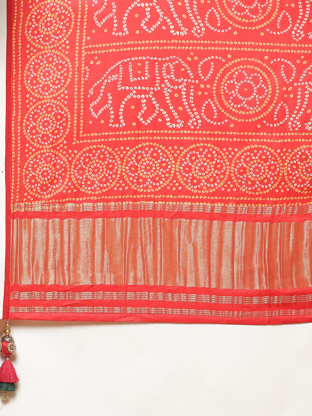 Printed Zari Neck Dupion Lehenga With Choli and Bandhani Printed Dupatta