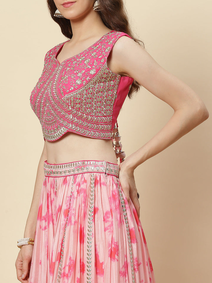 Zari Embroidered Printed Crepe Choli With Lehenga &amp; Net Dupatta