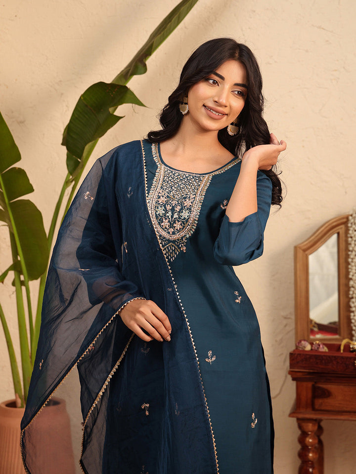 Embroidered Cotton Kurta With Pant &amp; Dupatta