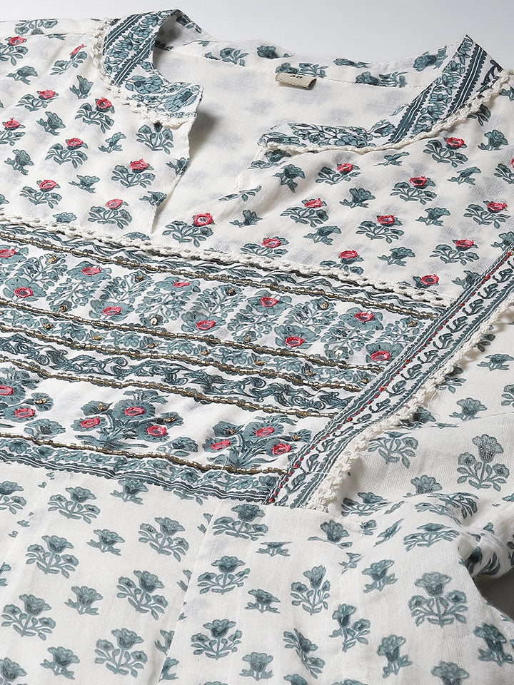 Floral Printed Cotton Kurta With Pants &amp; Dupatta
