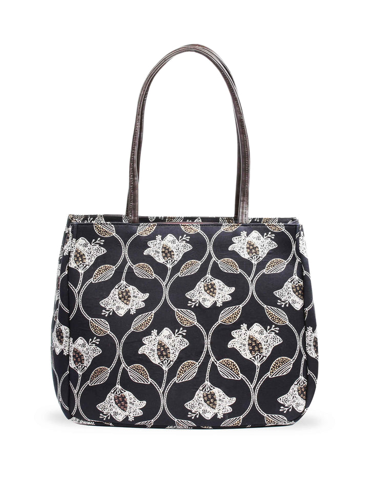Black Printed Cotton Handbag With Pouch
