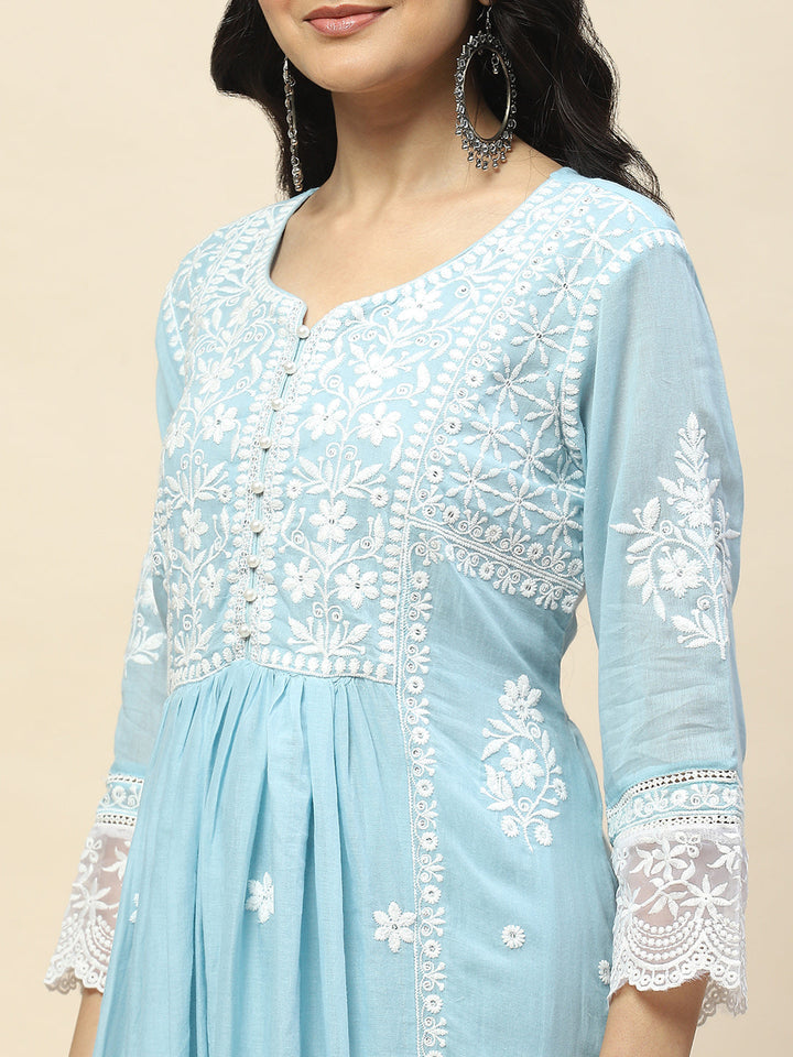 Neck Embroidery Cotton Anarkali With Pants &amp; Dupatta