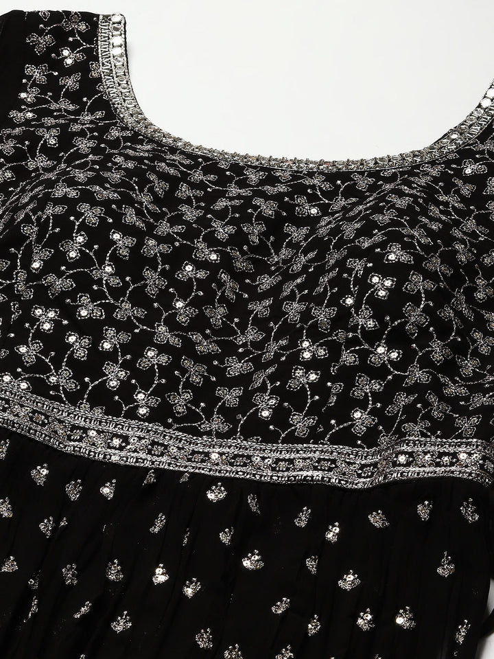 Zari Embroidered Booti Georgette Kurta With Palazzo &amp; Dupatta