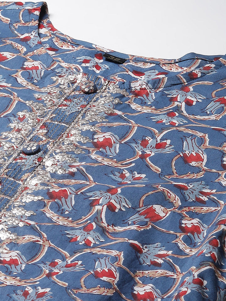 Printed &amp; Neck Embroidered Cotton Kurta