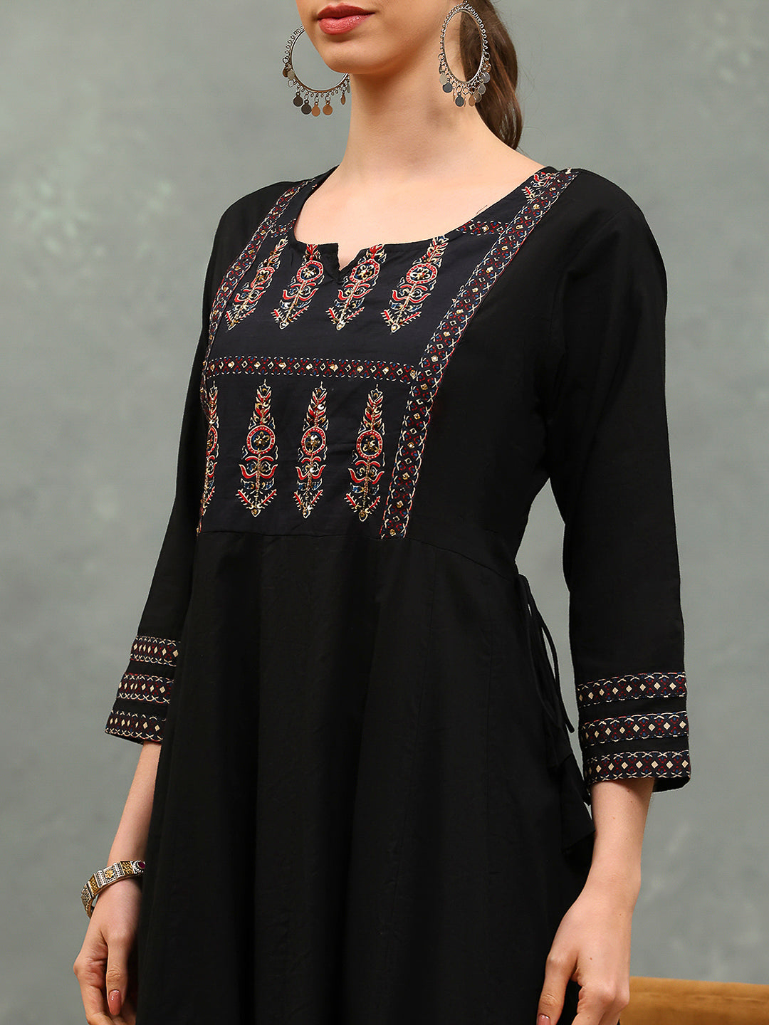 Embroidered Cotton Kurta With Pants &amp; Dupatta