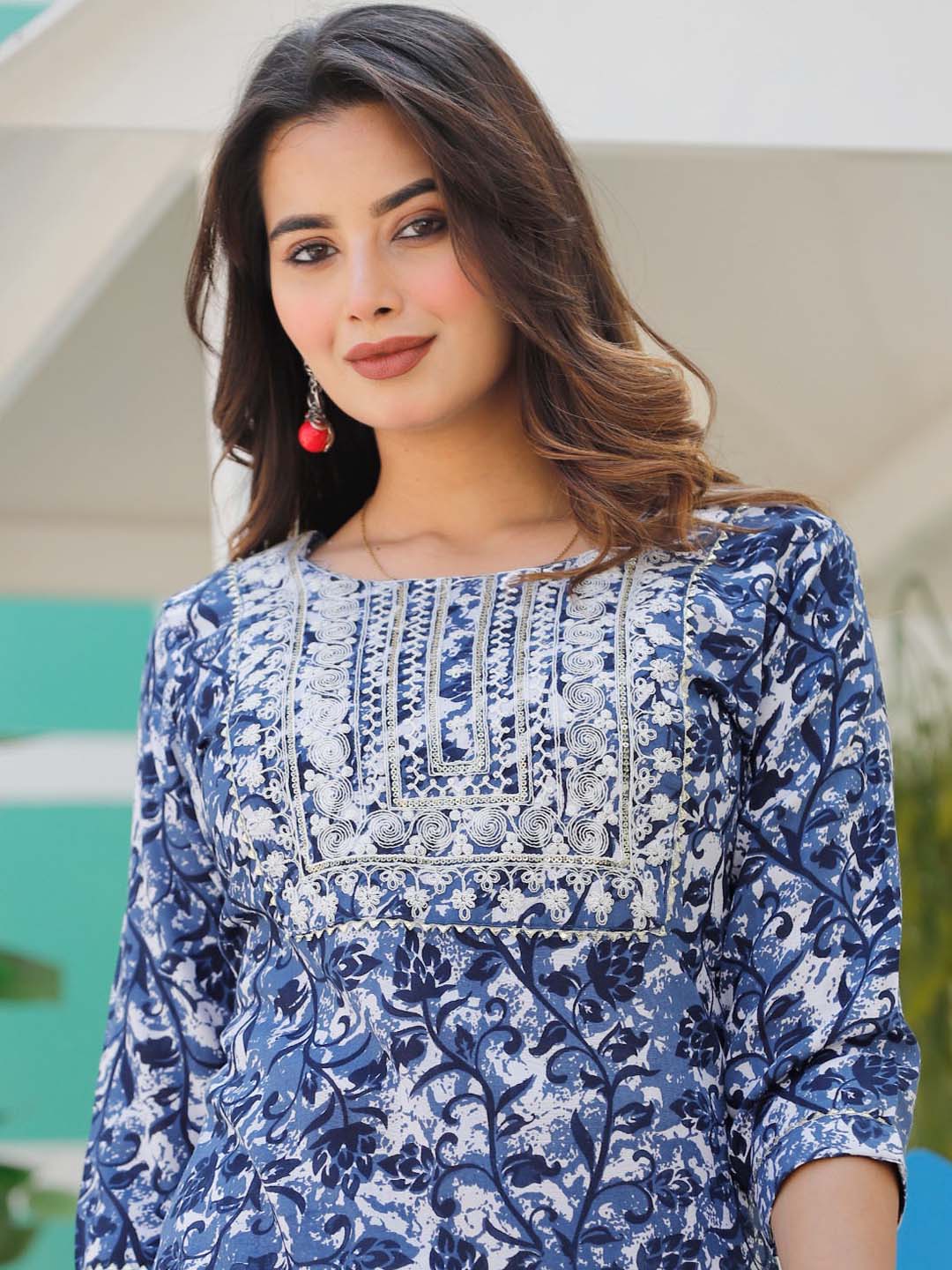 Neck Embroidered &amp; Printed Cotton Kurta With Pants