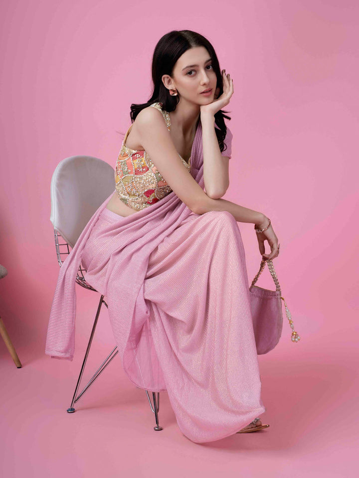 Plain Lycra Readymade Saree With Stitched Blouse