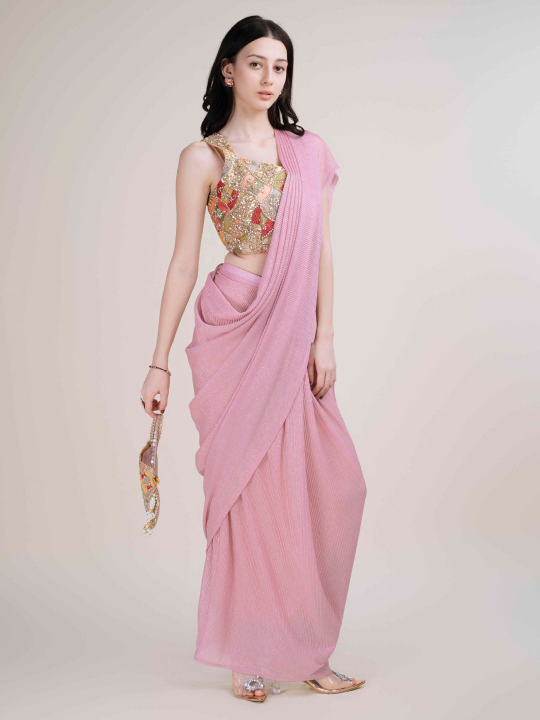 Plain Lycra Readymade Saree With Stitched Blouse