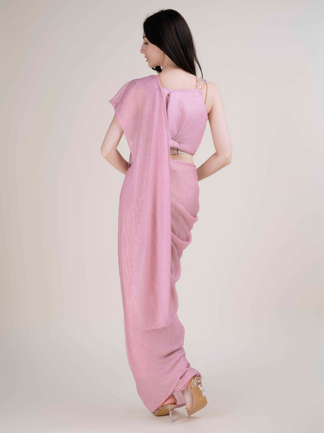 Plain Lycra Readymade Saree With Stitched Blouse