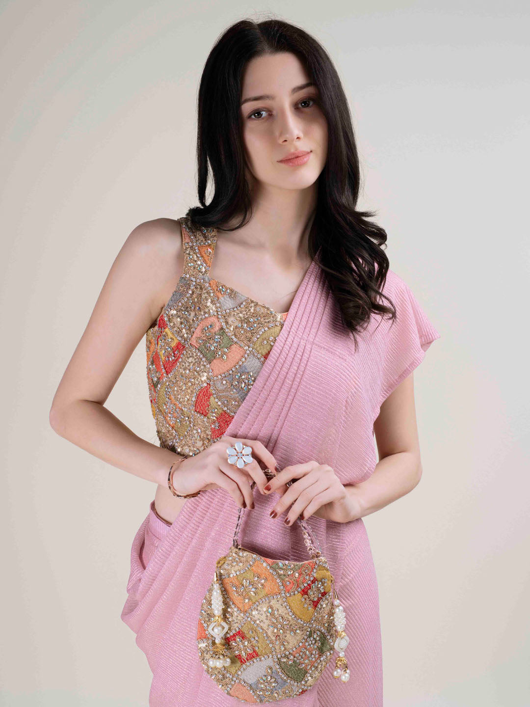 Plain Lycra Readymade Saree With Stitched Blouse