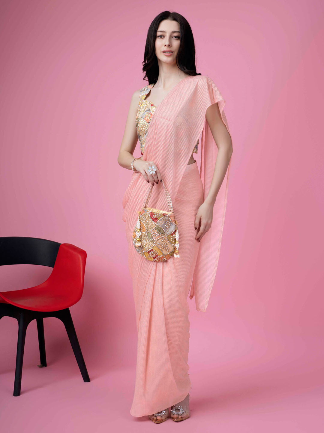 Plain Lycra Readymade Saree With Stitched Blouse