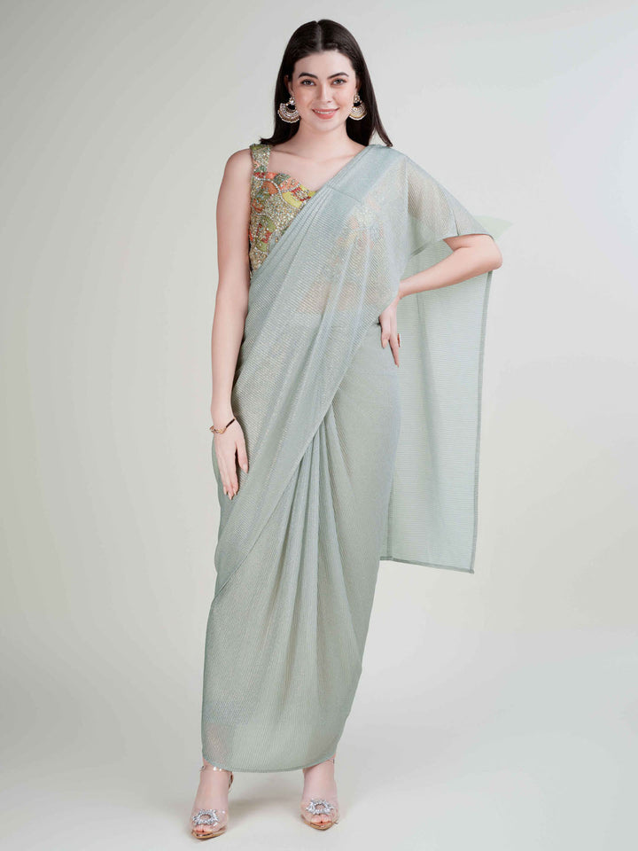 Plain Lycra Readymade Saree With Stitched Blouse