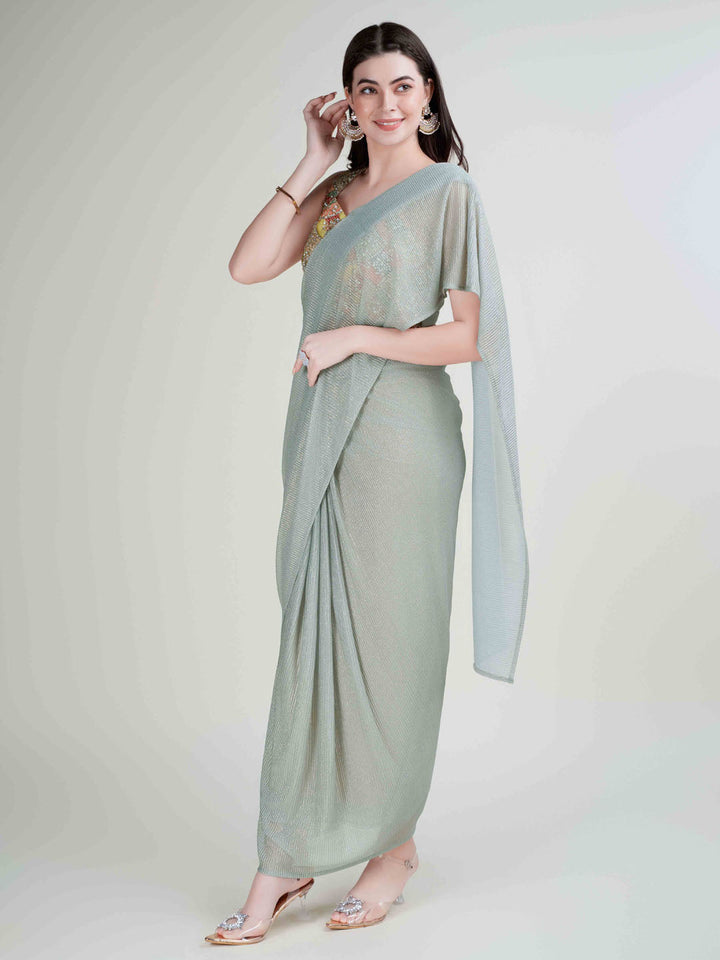Plain Lycra Readymade Saree With Stitched Blouse