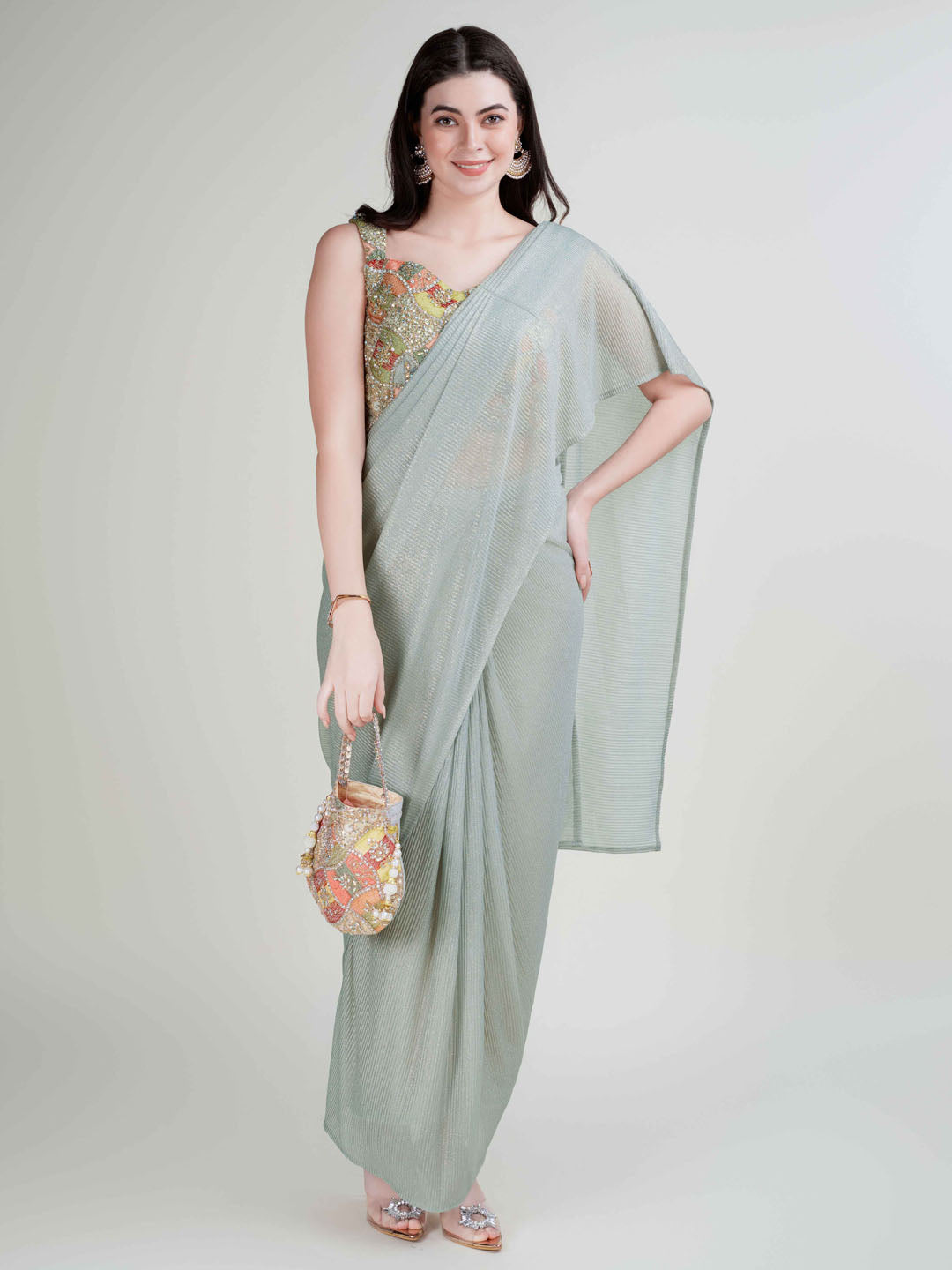 Plain Lycra Readymade Saree With Stitched Blouse