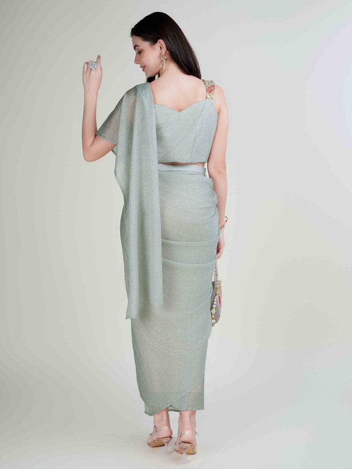 Plain Lycra Readymade Saree With Stitched Blouse