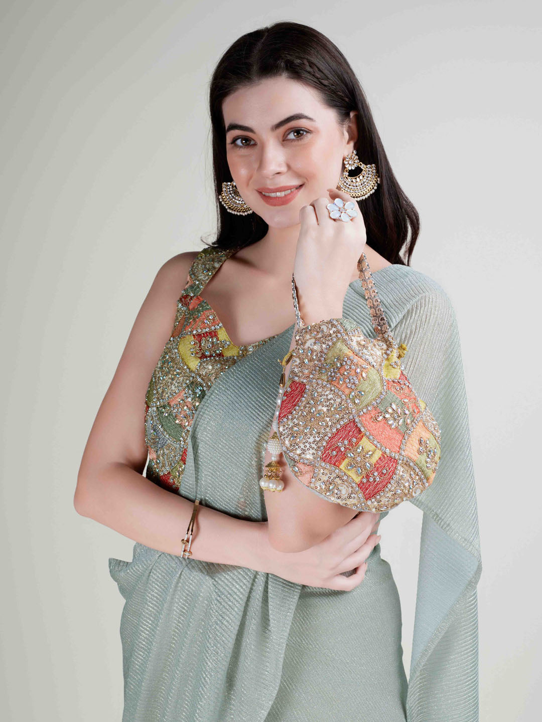 Plain Lycra Readymade Saree With Stitched Blouse