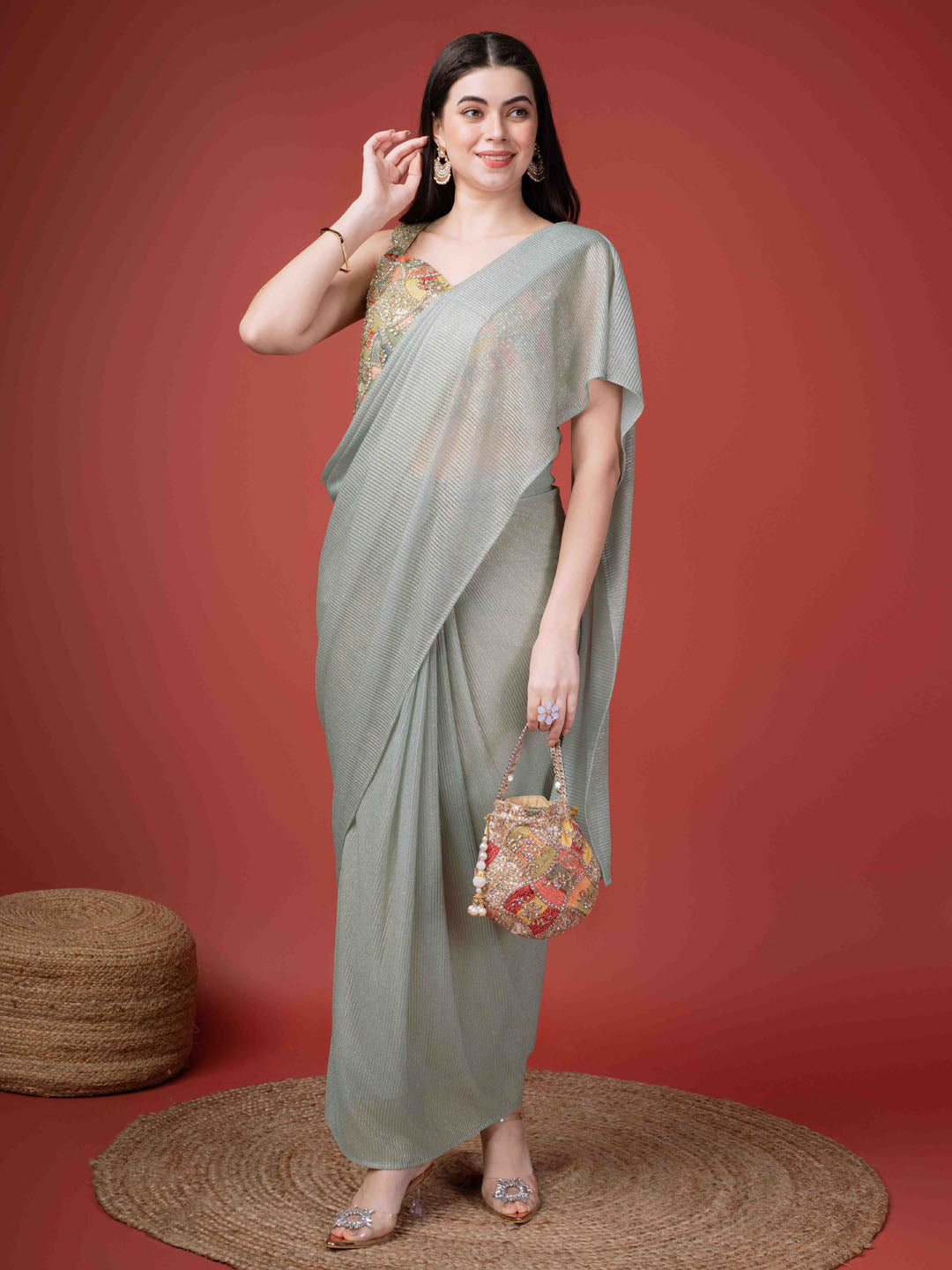 Plain Lycra Readymade Saree With Stitched Blouse