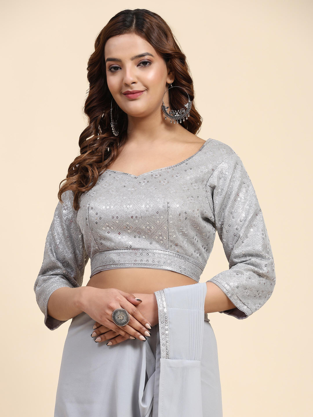 Plain Georgette Readymade Saree With Stitched Blouse &amp; Belt