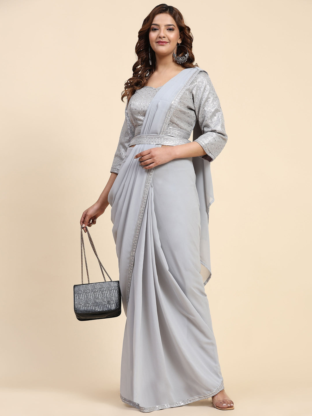 Plain Georgette Readymade Saree With Stitched Blouse &amp; Belt