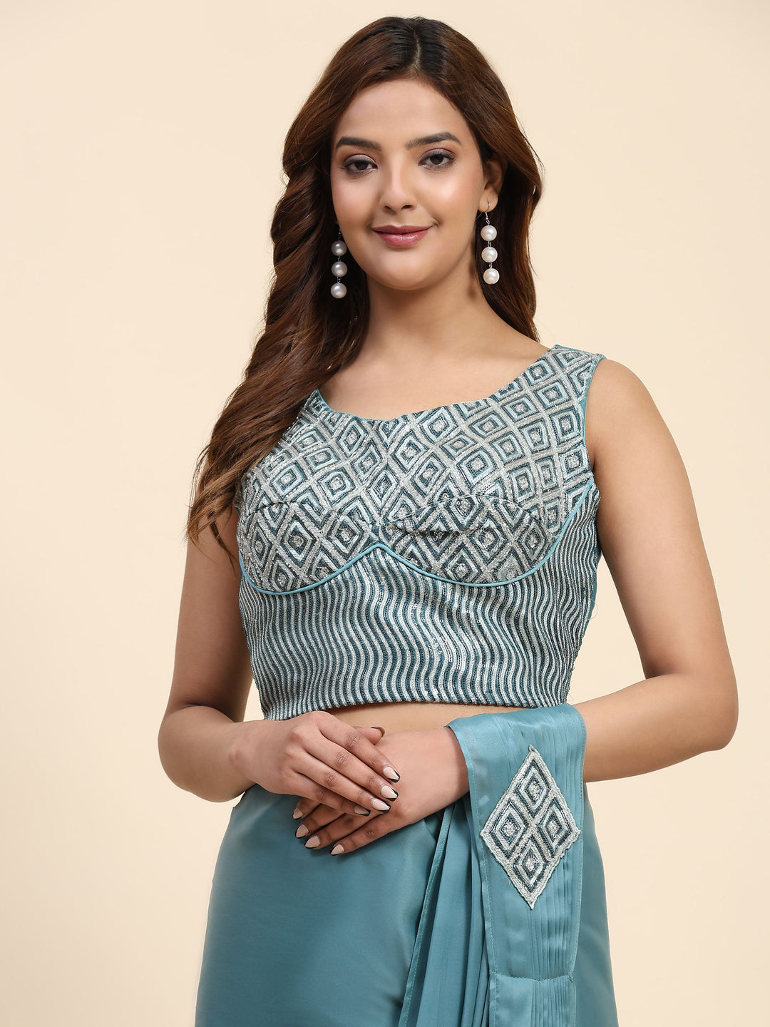 Plain Lycra Readymade Saree With Stitched Blouse With Belt