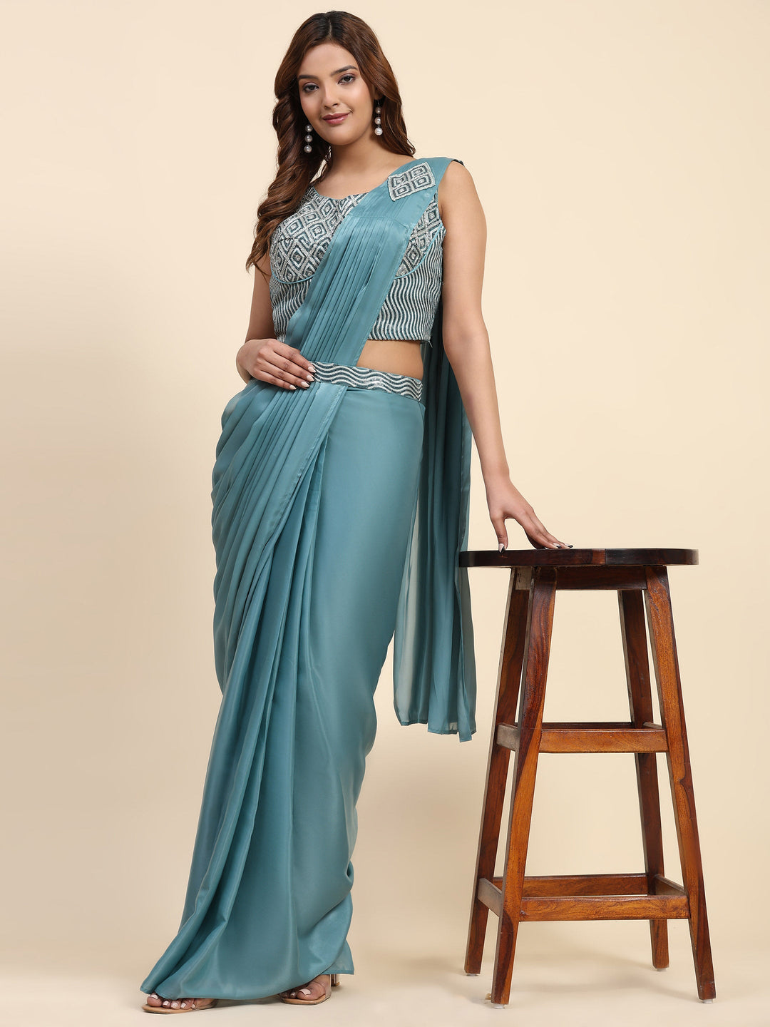 Plain Lycra Readymade Saree With Stitched Blouse With Belt